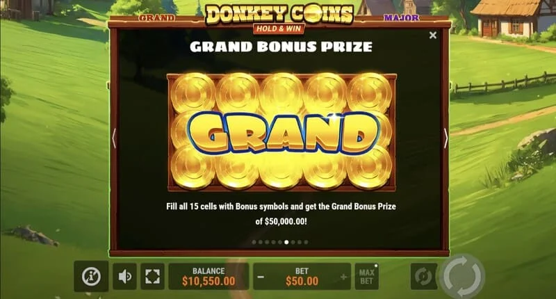 Donkey Coins Hold & Win - skrin dengan Jackpot Mini, Minor, Major, Grand